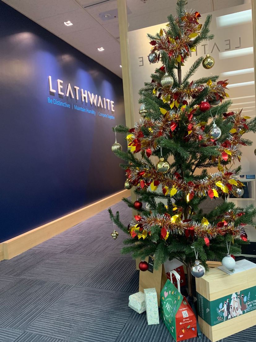 Image of a Christmas tree in the Leathwaite Office