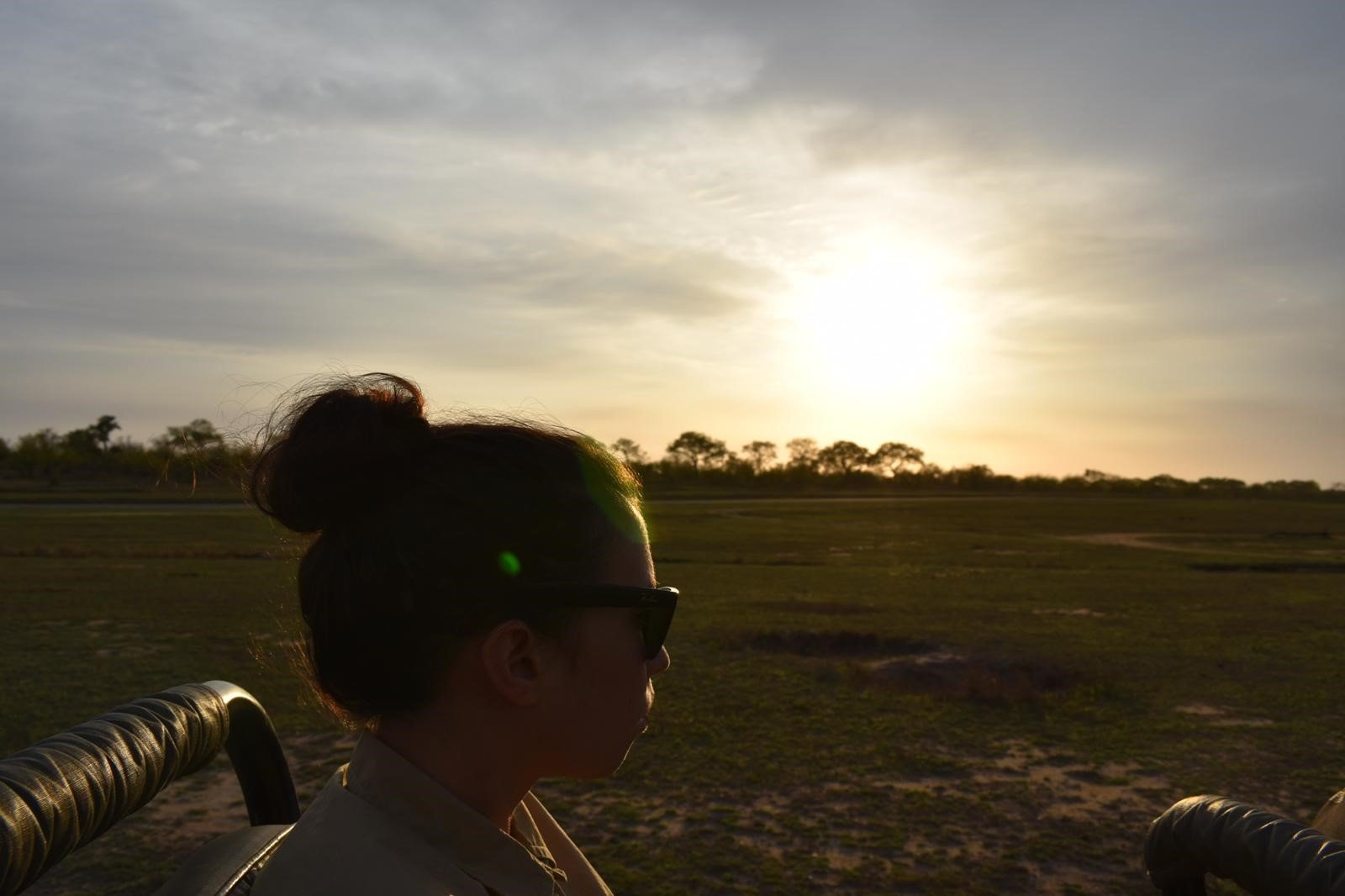 Photo of Roise Gibson on a rover in the South African wild.