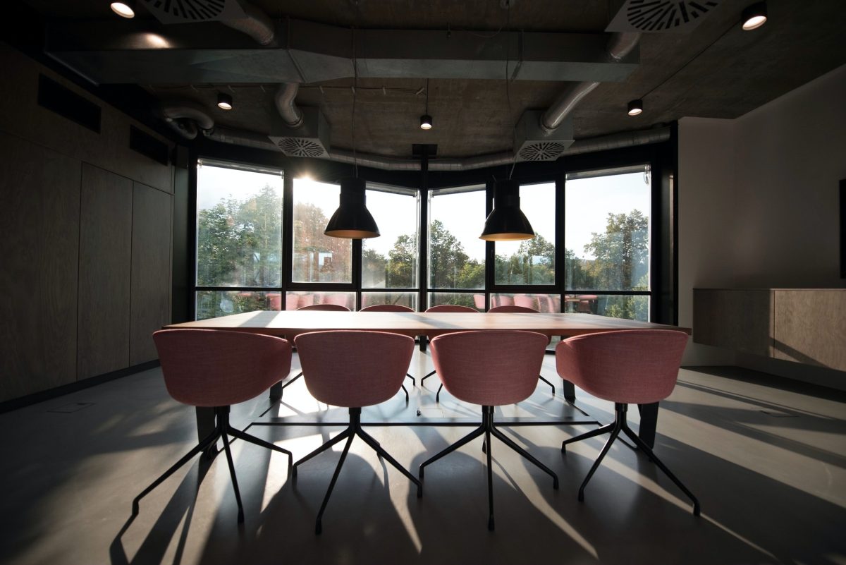 Photo of empty office meeting room with a large window