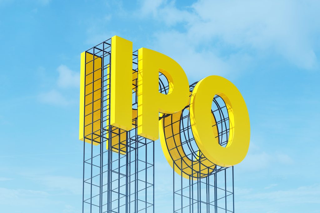 The letters IPO on a yellow sign on a blue sky backdrop