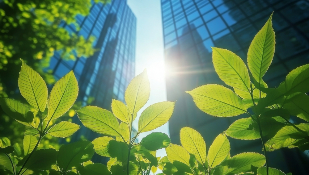 Corporate ESG reporting and nature awareness concept with green elements and business buildings.
