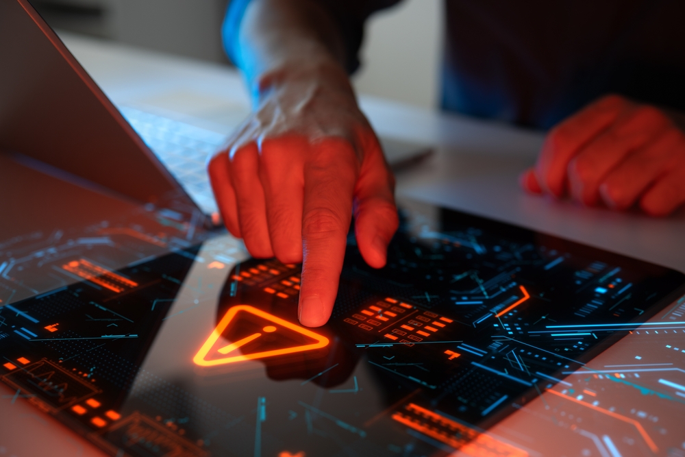 Man interacting With A Holographic Touchscreen interface In Red Colour.