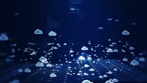 small cloud icons are on a dark blue background.