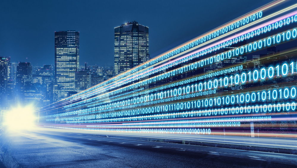City landscape with code in front