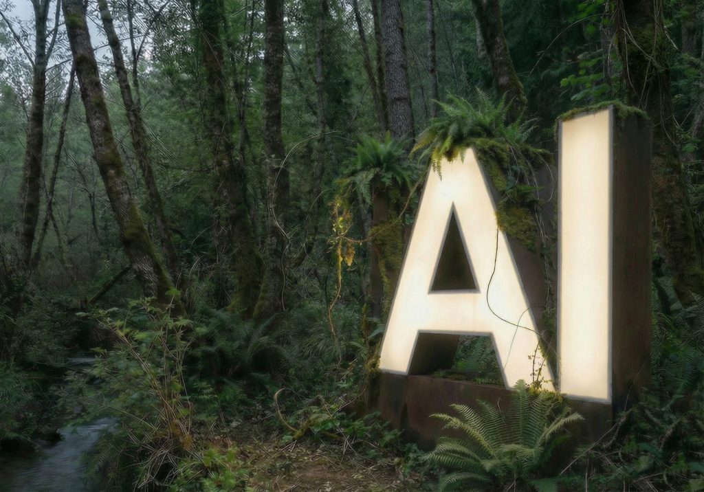 AI letters as a lightbox in a wild forest