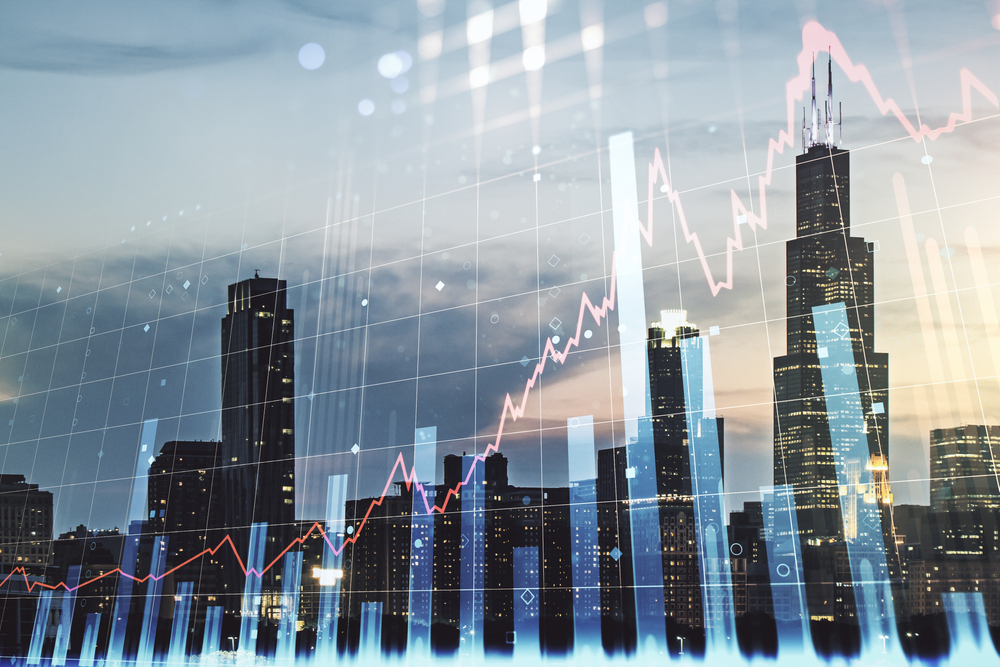 image of financial diagram on Chicago office buildings background