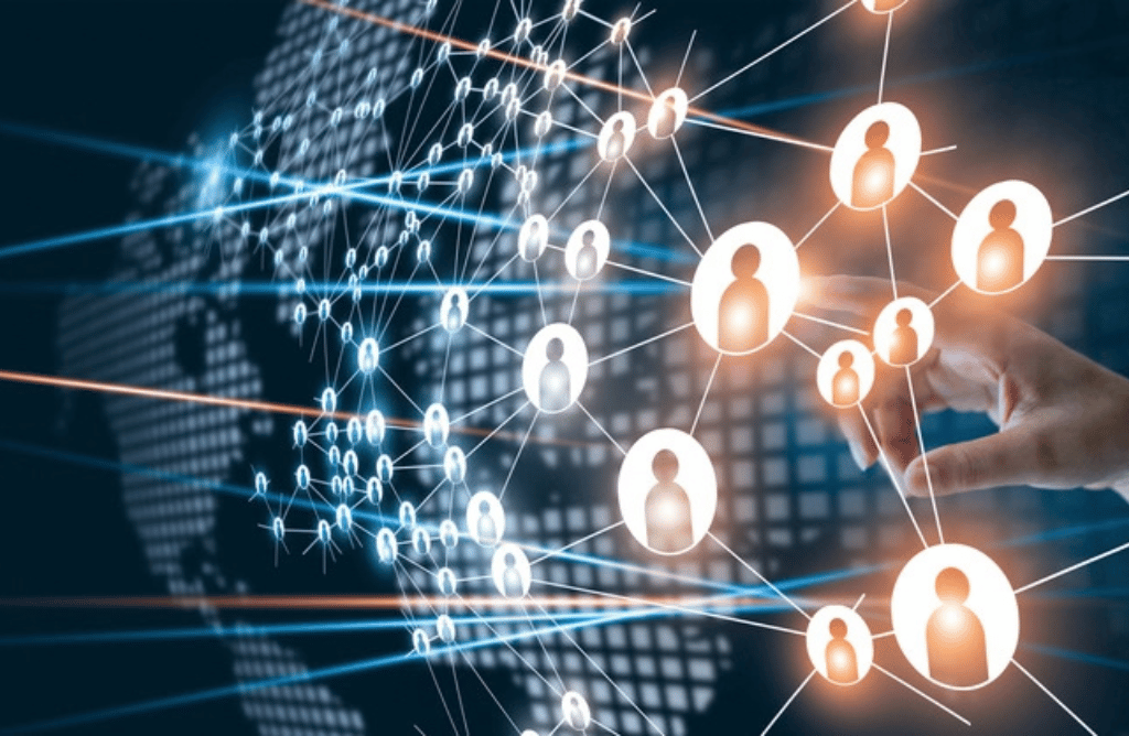 A futuristic depiction of social media platforms influencing finance recruitment trends and strategies.