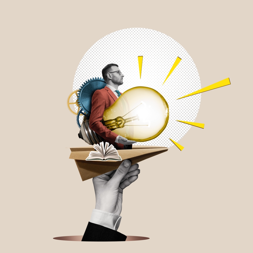 Paper, Plane ,With ,A ,Businessman ,And ,A, Large, Light,Bulb.